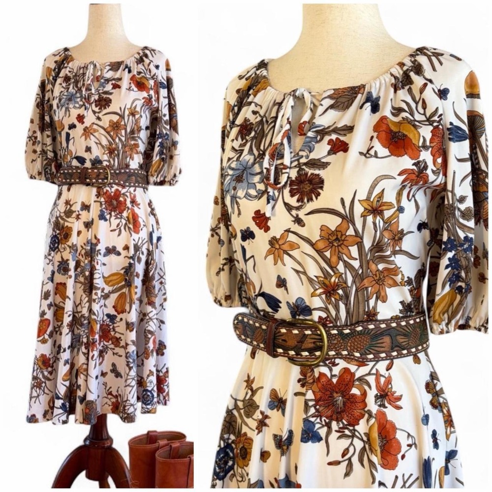 Vintage 70s Fall Floral Mushroom Print Midi Dress